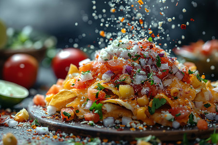 Crispy tortilla chips piled high with vibrant tomatoes, onions, and spices create a tempting dish.の写真素材