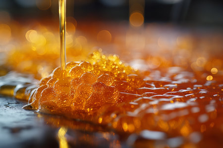 Golden honey flows gently, glistening under soft light while forming bubbles and puddles on the...