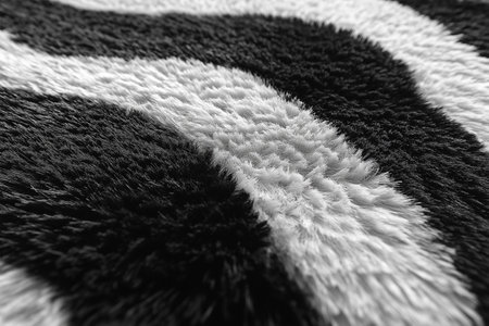 Close focus on a soft, plush fabric displaying a striking black and white wave pattern, evoking...