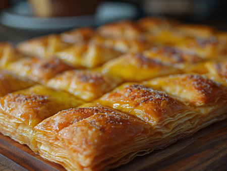 Freshly baked pastry showcases rich layers and a glistening surface in a charming bakery setting.