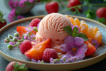 Enjoy a vibrant sorbet topped with fresh strawberries, raspberries, and edible flowers for a...