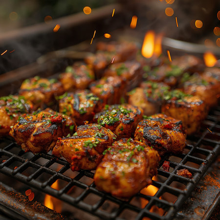 Friends gather outdoors to enjoy grilled skewers, savoring the rich aromas and lively atmosphere at dusk.の写真素材