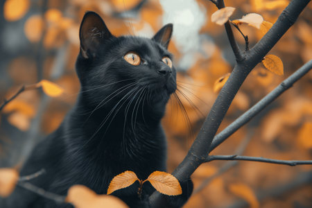 A curious black cat gazes intently from a tree branch, surrounded by stunning orange foliage in autumn.の写真素材