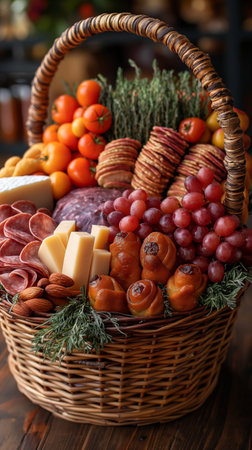 A beautifully arranged basket overflowing with vibrant fruits, assorted cheeses, and savory meats perfect for sharing.の写真素材