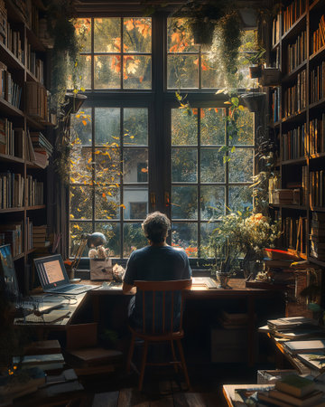Bright sunlight streams into a serene library as someone sits at a desk, surrounded by books and nature's beauty.の写真素材