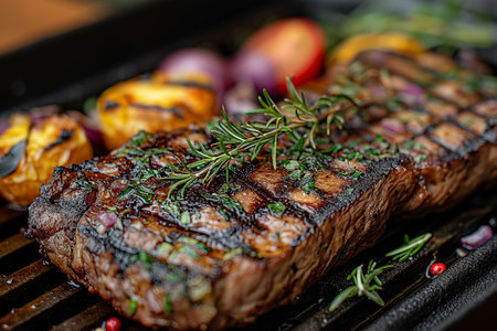 Juicy steak resting on a grill, accompanied by colorful roasted vegetables, filling the air with aroma.の写真素材