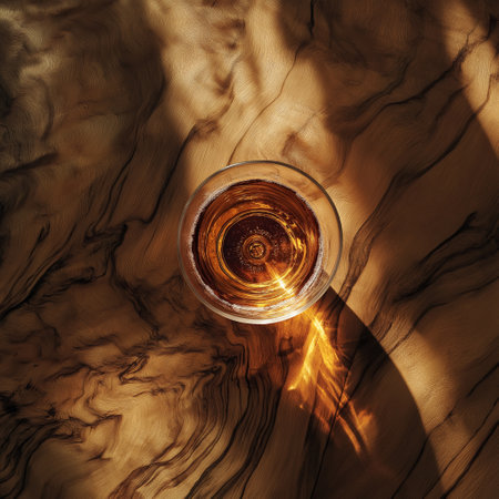 A glass filled with amber liquid reflects the warm sunlight on a rich wooden tabletop, creating a serene atmosphere.の写真素材