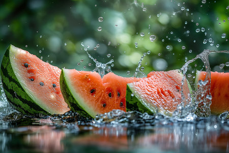 Slices of fresh watermelon leap from calm waters, sending droplets sparkling in a sunny atmosphere.の写真素材