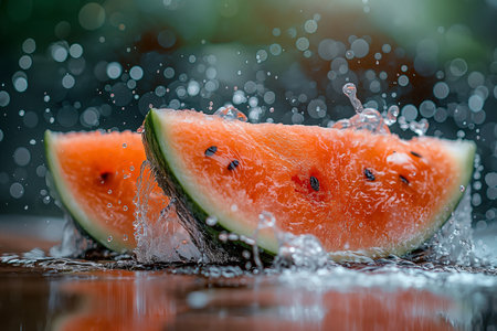 Juicy watermelon slices caught mid-splash, radiating freshness and joy under bright sunlight.の写真素材