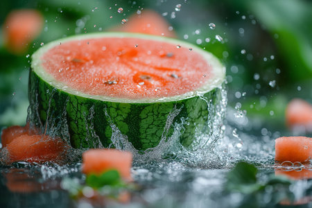 Bright watermelon slice rests in a serene garden, water splashes creating a refreshing summer atmosphere.の写真素材