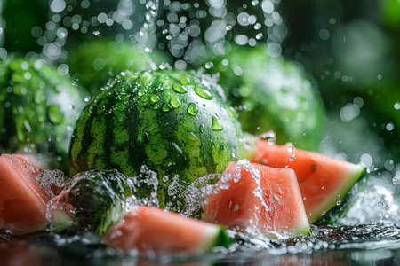 Freshly cut watermelons splash amidst gentle water droplets, capturing the essence of a sunny summer day.の写真素材