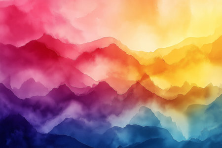 Layers of mountains blend seamlessly with warm colors, creating a serene and captivating dawn panorama.の写真素材