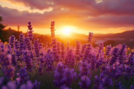 A breathtaking view of lavender flowers soaking in the warm glow of the setting sun against distant hills.の写真素材