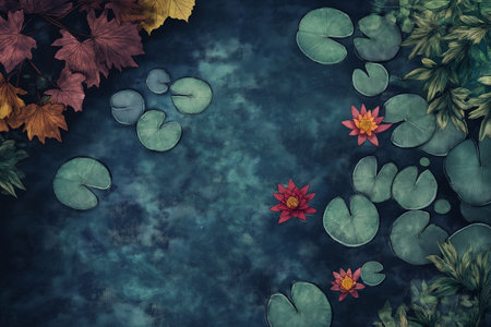 A stunning display of colorful lilies and autumn leaves floating on still water creates a peaceful atmosphere.の写真素材