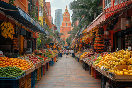 Stalls overflowing with colorful fruits create a lively atmosphere in a busy market under a blue sky.の写真素材