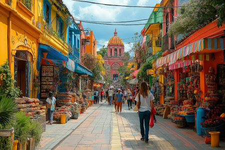 Strolling through a lively marketplace adorned with vibrant colors and unique crafts on a sunny day.の写真素材