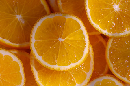 Juicy orange slices are stacked and illuminated by sunlight, showing their vibrant color and refreshing appeal.の写真素材