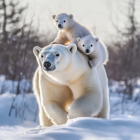 A magnificent polar bear carries two adorable cubs on its back while navigating a snowy terrain.の写真素材