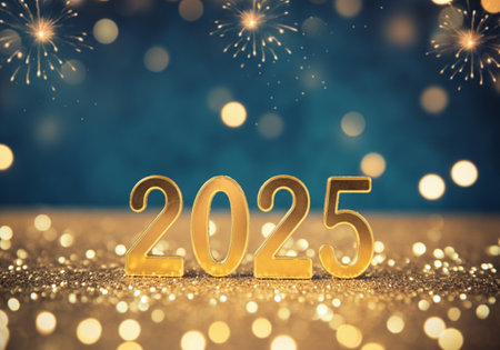 Golden numbers glimmer under festive lights, welcoming 2025 amidst bursts of colorful fireworks and joy.の写真素材