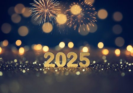 Sparkling numbers representing the year 2025 glow beneath colorful fireworks and shimmering lights,...