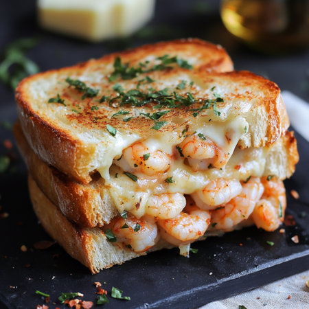 Juicy shrimp fill layers of melted cheese between golden, toasted bread, garnished with fresh herbs.の写真素材