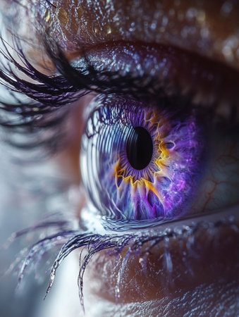 An intricate close-up reveals a mesmerizing eye with swirling patterns and vibrant purple colors.の写真素材