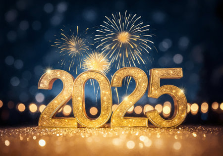 Golden numbers symbolize 2025, surrounded by sparkling lights and colorful fireworks bursting...