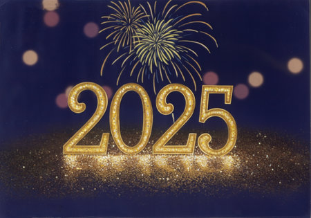 Sparkling numbers stand tall to welcome 2025 amid vibrant fireworks lighting up the night sky, creating excitement.の写真素材