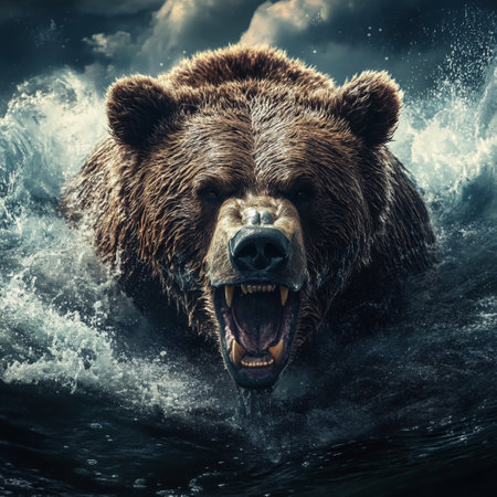 Powerful grizzly bear charges through dark waves, its roar resonating amidst dramatic clouds and stormy weather.の写真素材