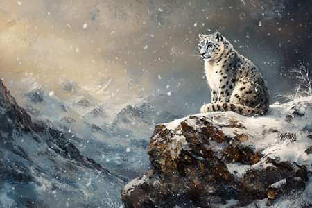 A snow leopard sits gracefully on a rock, surrounded by a breathtaking snowy mountain range at twilight.の写真素材