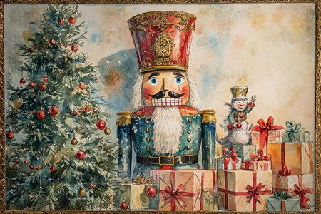 Brightly colored nutcracker stands proudly next to a snowman and a pile of presents by a festive tree.の写真素材