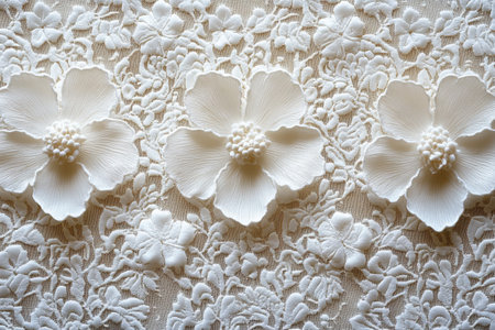 Three elegant white flowers are intricately arranged on a delicate lace fabric, showcasing artistry and grace.の写真素材