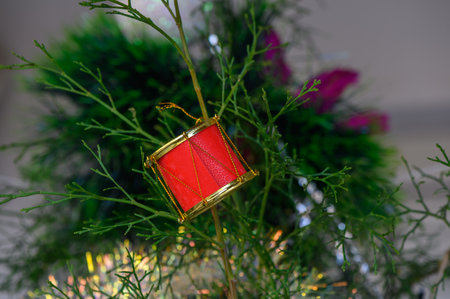 A vibrant drum red ornament dangles gracefully from a green branch, capturing the essence of the festive season.の写真素材