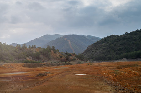Sparse earth lies under a gray sky, with rugged mountains in the distance, setting an atmospheric...