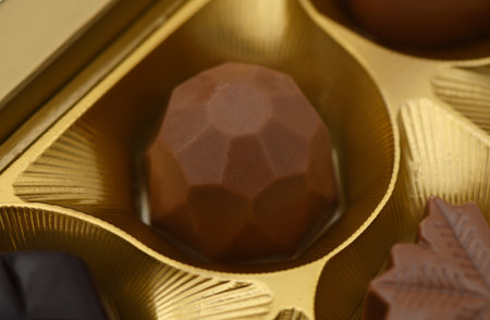 Delicately crafted chocolates rest in a luxurious golden box, showing geometric shapes and natural...