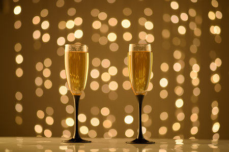 Two elegant glasses filled with sparkling beverages stand against a backdrop of twinkling golden lights. The atmosphere radiates joy and festivity, perfect for commemorating special moments.の写真素材