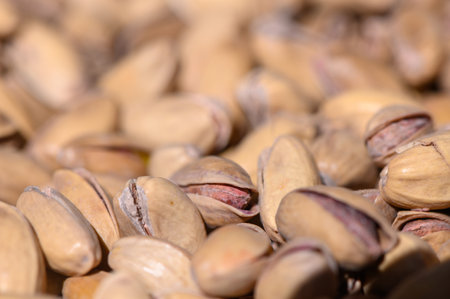 Pistachio nuts are scattered across a surface, showing their distinct green and beige hues under...