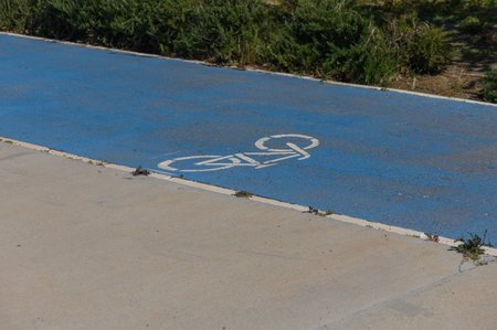A vibrant blue bicycle lane stretches across a peaceful park, marked with a white bicycle symbol....