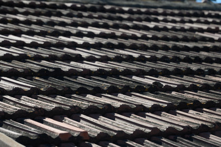 Sunlight reflects off the textured surface of traditional roof tiles in a peaceful village,...