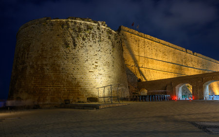 Castle and Harbor at Night, Northern Cyprusの写真素材