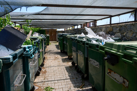 Garbage containers lined up on a residential street in Cyprus.の写真素材