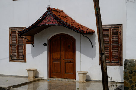 Traditional wooden doors of a Cypriot houseの写真素材