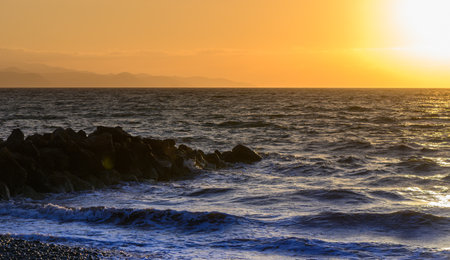 Mediterranean Coastline at Dusk in Cyprusの写真素材