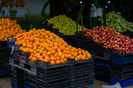 A vibrant assortment of fresh fruits displayed at a local market in Cyprus.の写真素材