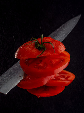Juicy tomato cut into slices suspended in air with a kitchen knife. Fresh, dynamic concept of cooking and food preparation.の写真素材