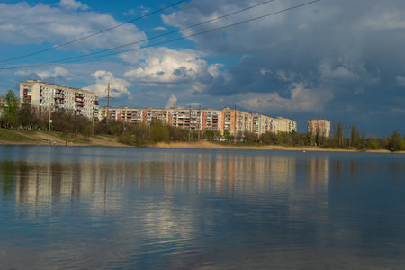 Panoramic documentary photo of Chystoye Lake and nearby housing quarters in Sievierodonetsk,...