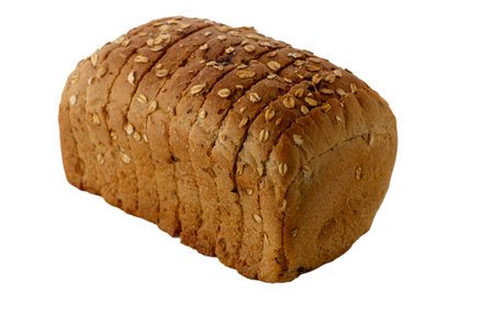 Sliced whole grain toaster bread isolated on pure white background without shadow. Healthy bakery...