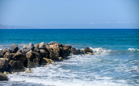 Mediterranean Sea waves hitting rocky coastline in Cyprus. High quality Powerful waves of the...