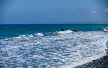 The Mediterranean Sea coast with towering peaks in the background, perfect for nature and adventure visuals.の写真素材
