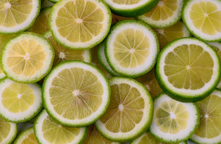 Fresh green lime slices close up, citrus fruit texture as food background.